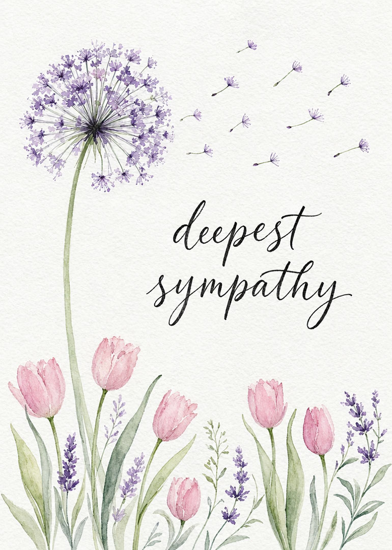 Watercolor sympathy card featuring pink tulips and purple dandelion seeds with heartfelt message