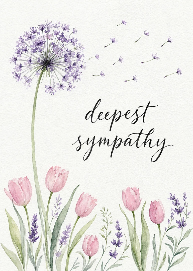 Watercolor purple allium and pink tulips with deepest sympathy text on a soft white background.