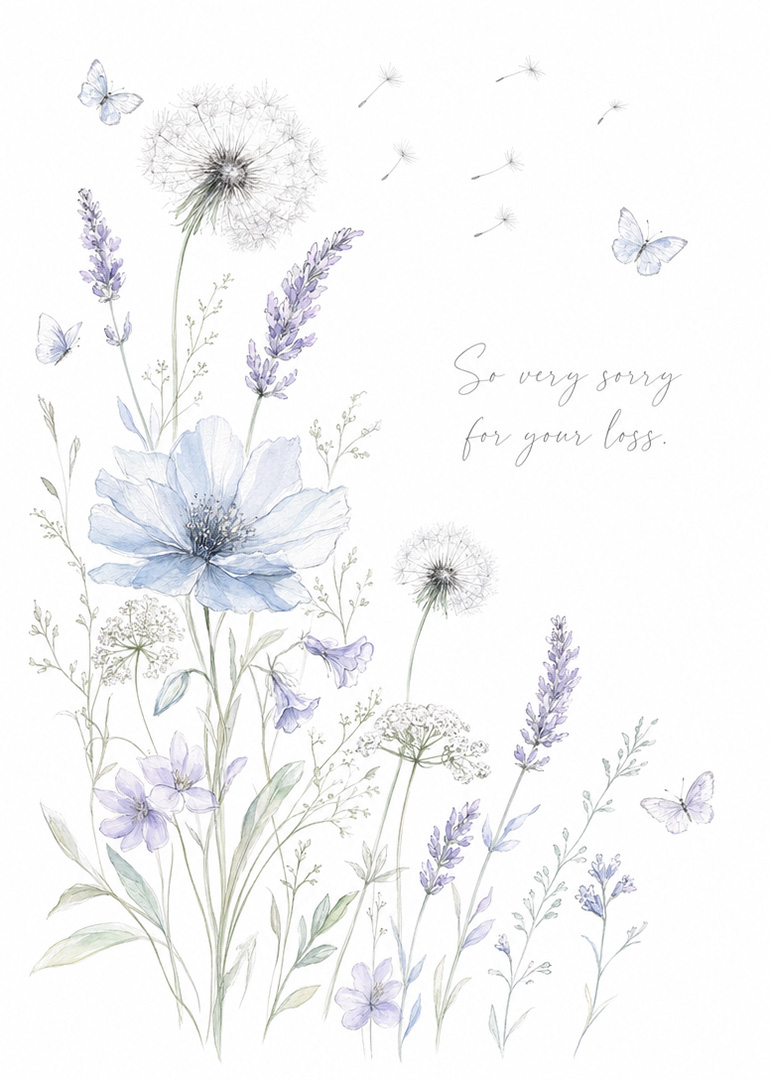 Pastel sympathy card with delicate flowers, butterflies, and heartfelt message