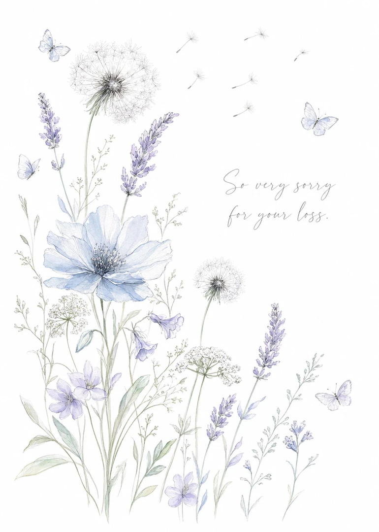 Watercolour wildflowers, butterflies, and dandelions frame the words So very sorry for your loss today.