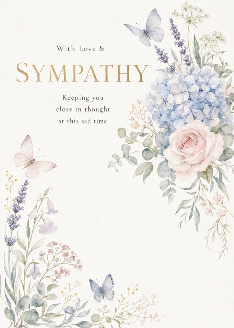 Sympathy card with flowers, butterflies, and comforting message on soft background