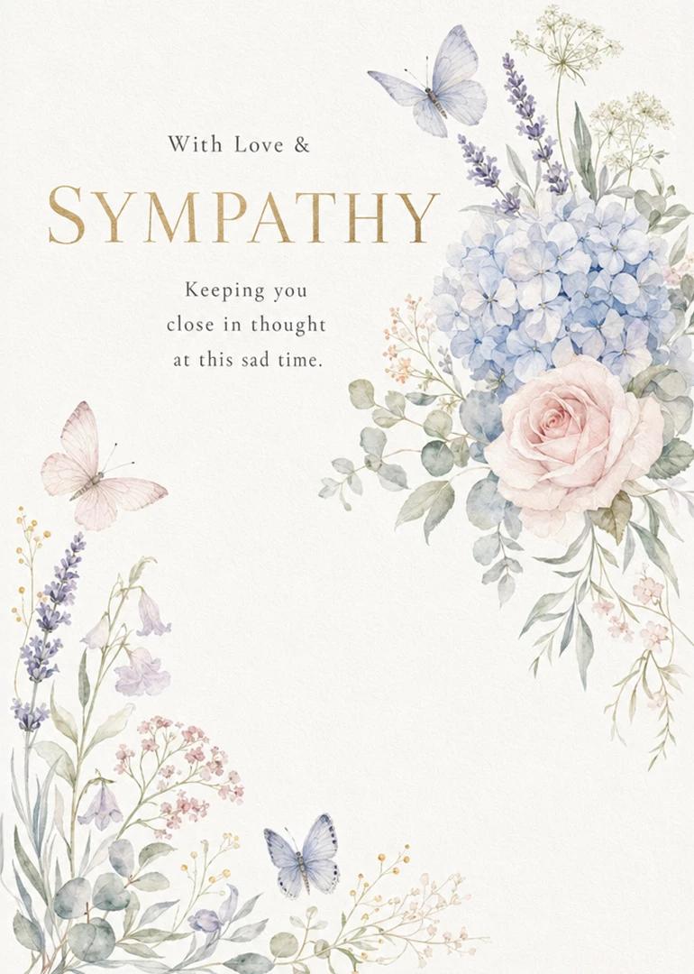 Soft watercolor sympathy card with blue hydrangeas, pink rose, butterflies, and heartfelt comfort wording throughout.