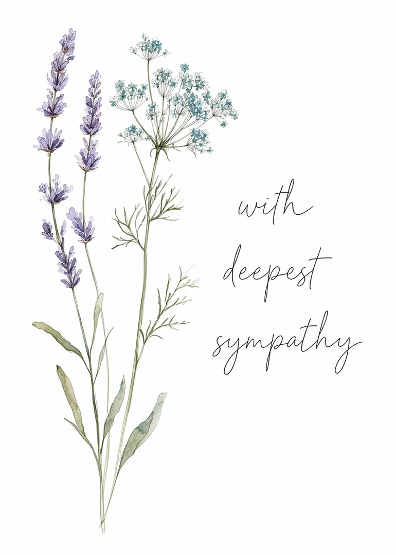 Watercolor lavender and blue flowers beside the words with deepest sympathy on a white background.