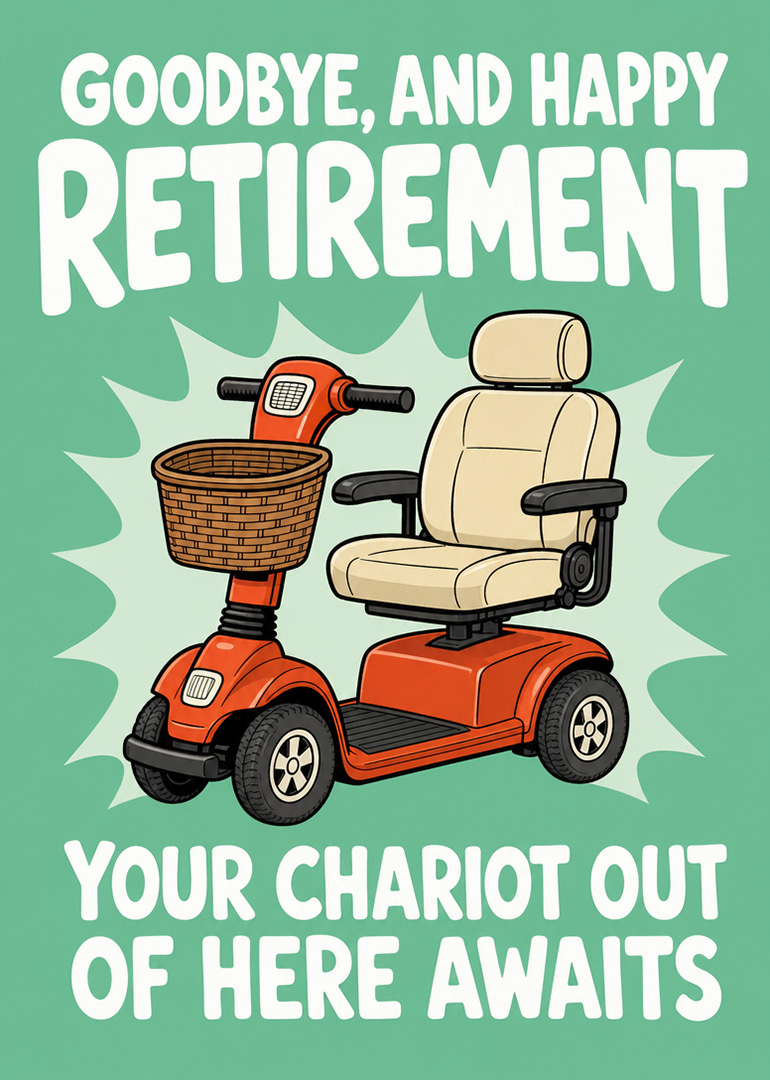 Retirement card with cartoon mobility scooter and happy retirement message