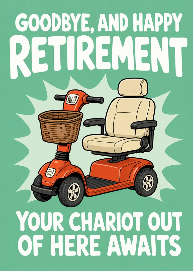 Playful retirement card with scooter and basket saying goodbye and happy retirement.