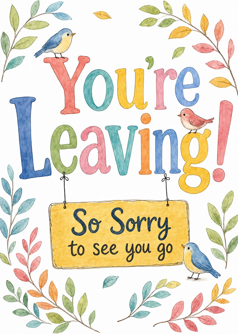 Colorful leaving card featuring birds, leaves, and a sorry message