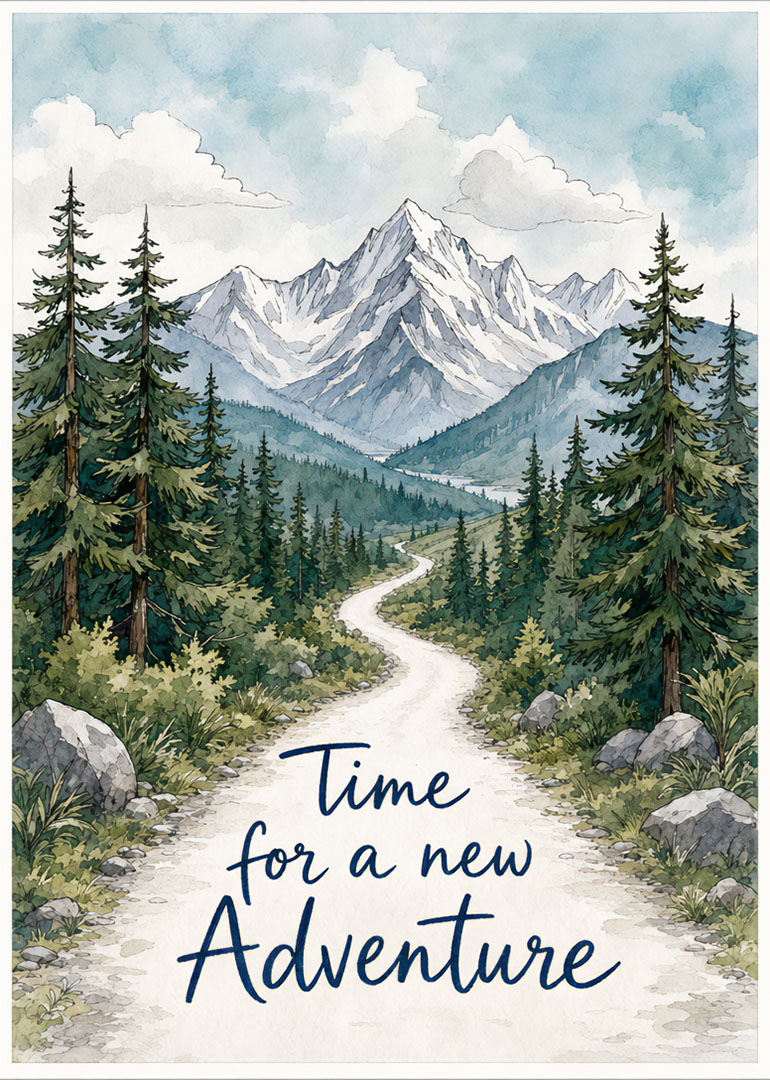 Illustration of winding mountain road through pine trees with text