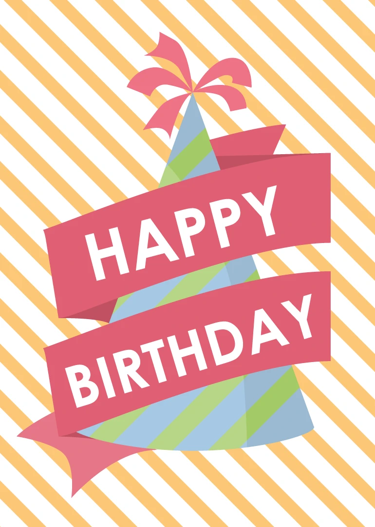 Colorful party hat card with HAPPY BIRTHDAY text and striped ribbon banners.