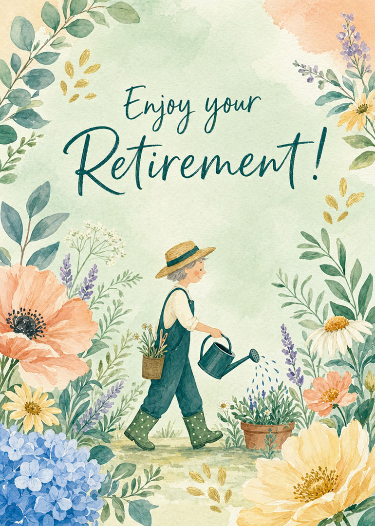 Watercolor card of gardener watering flowers with retirement message