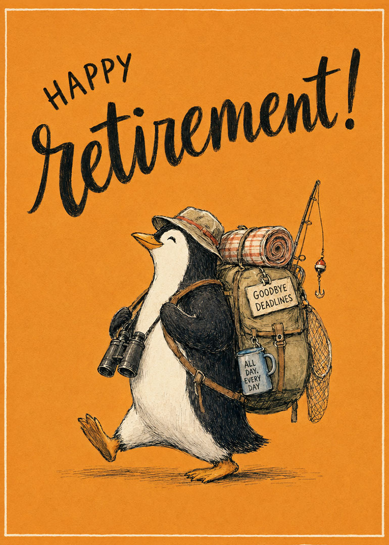 Penguin carrying fishing gear and binoculars walking happily on orange background