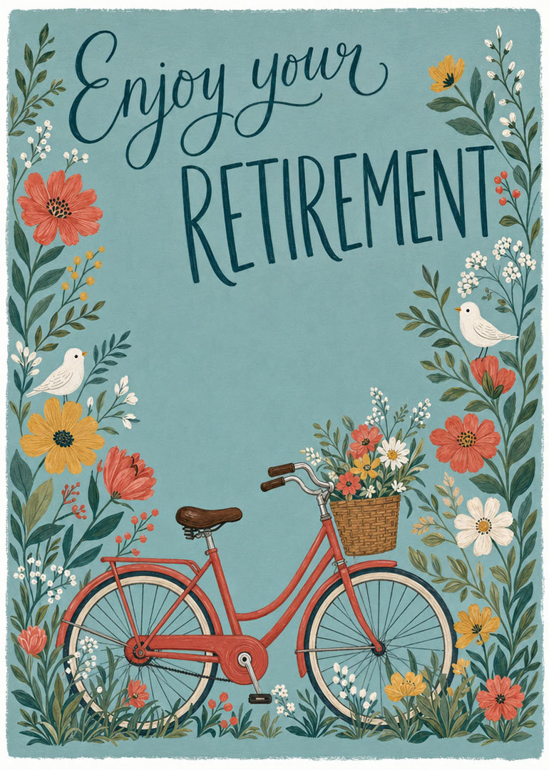 Illustrated retirement card with bicycle, flowers, and birds on blue background