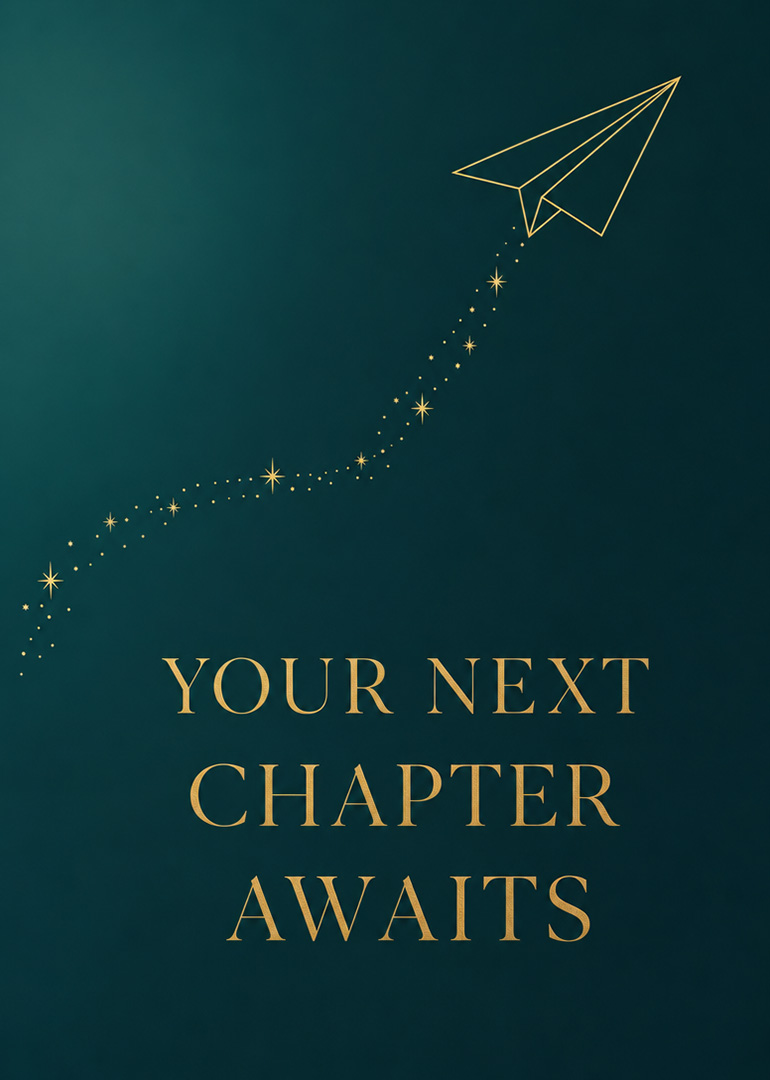 Blue card with gold paper plane and stars with text your next chapter awaits