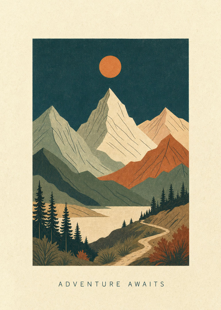 Illustrated mountains with a path and orange sun over the lake