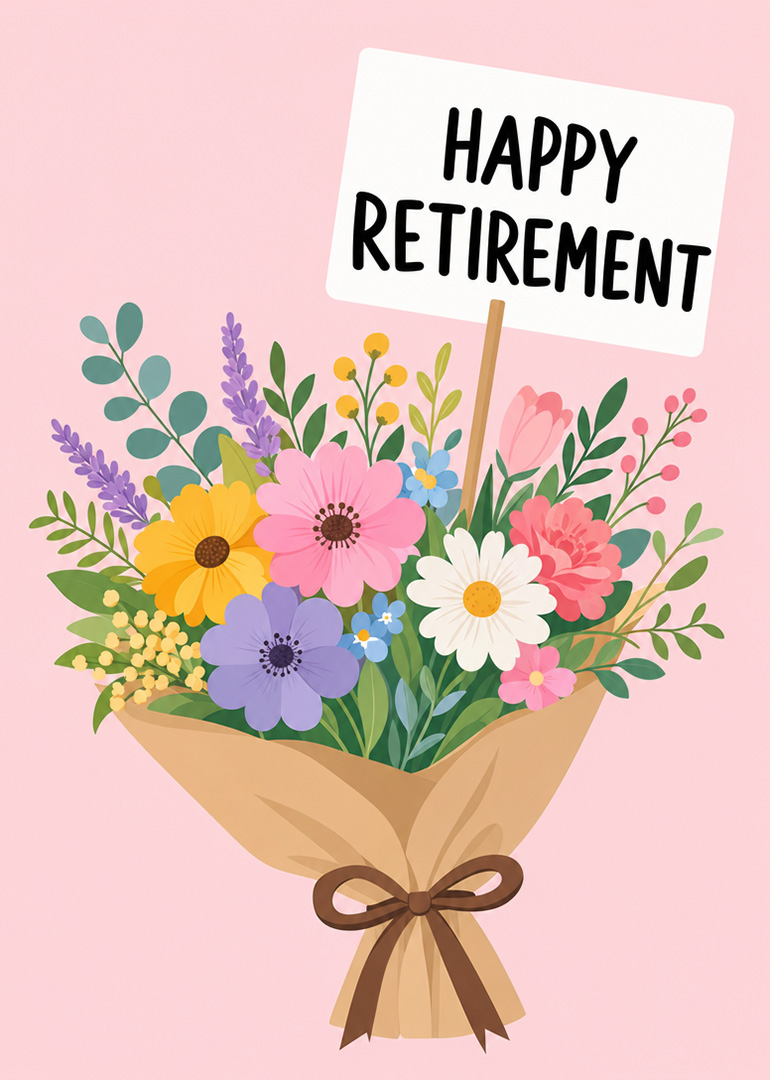 Vibrant bouquet of flowers with happy retirement sign on pink background