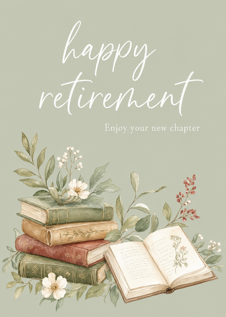 Retirement card with vintage books and soft floral illustrations on muted green