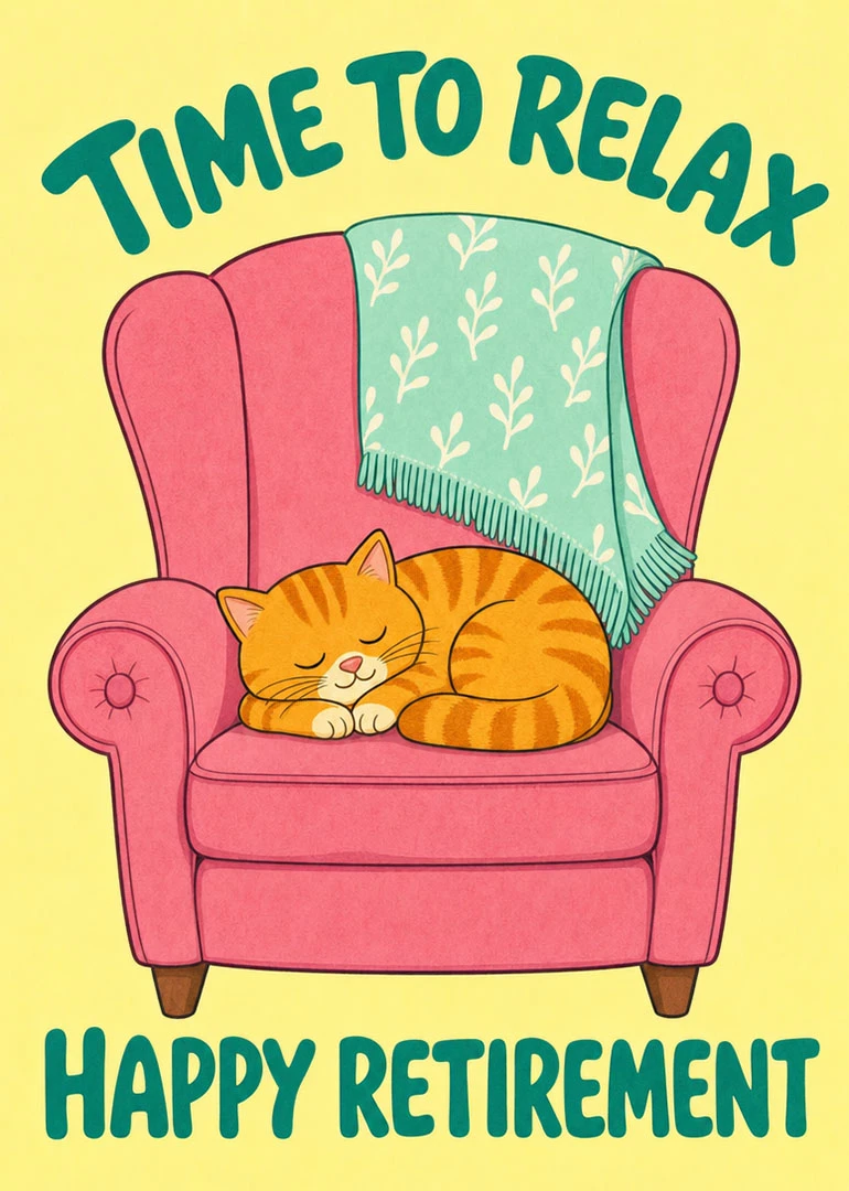 Cute sleeping cat on pink armchair with blanket and Time to Relax Happy Retirement text.