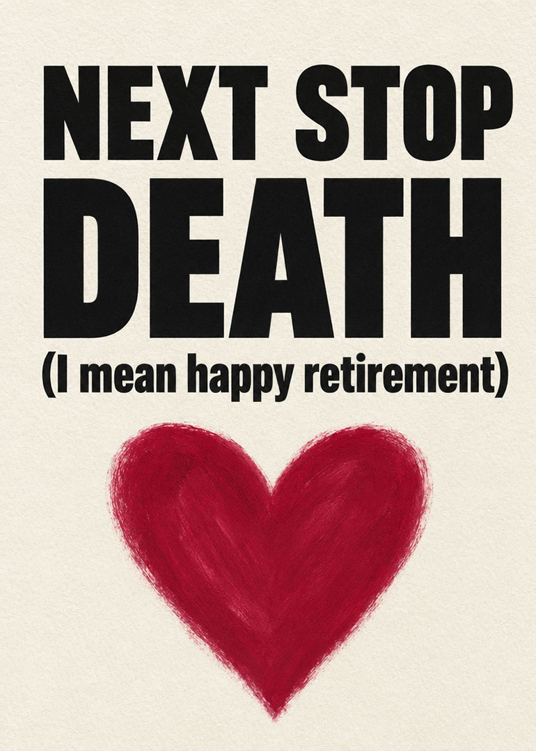 Humorous retirement card with bold black text and a red heart below