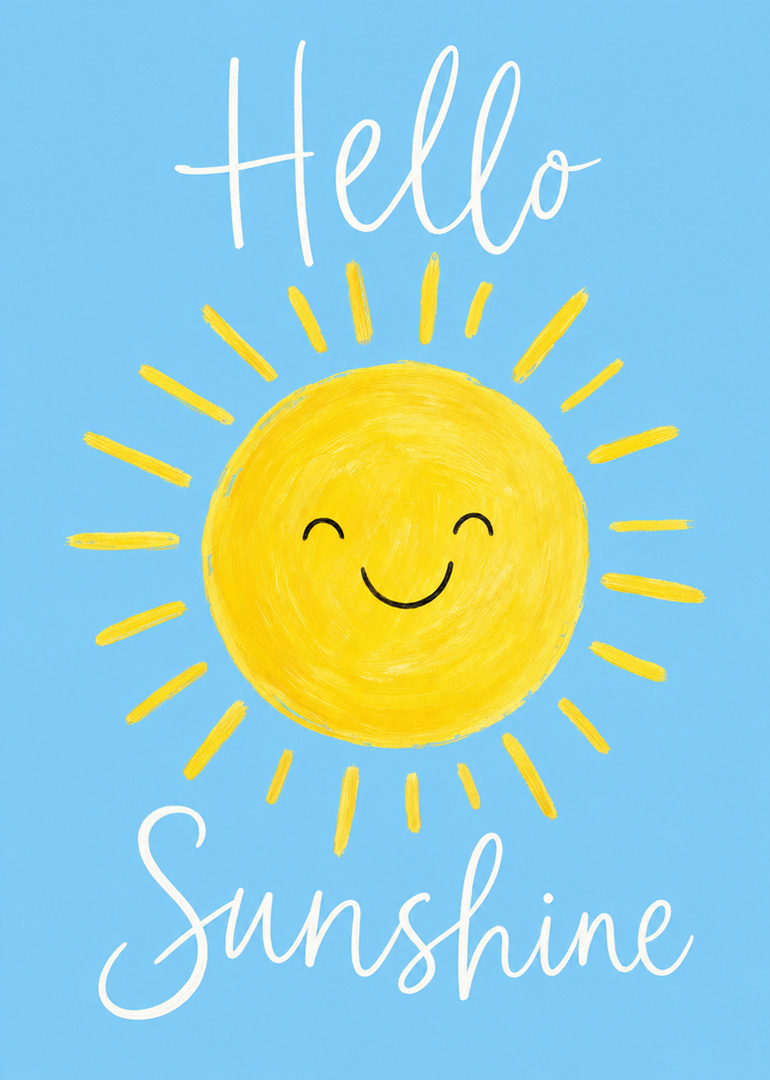 Smiling sun illustration with hello sunshine text on blue background