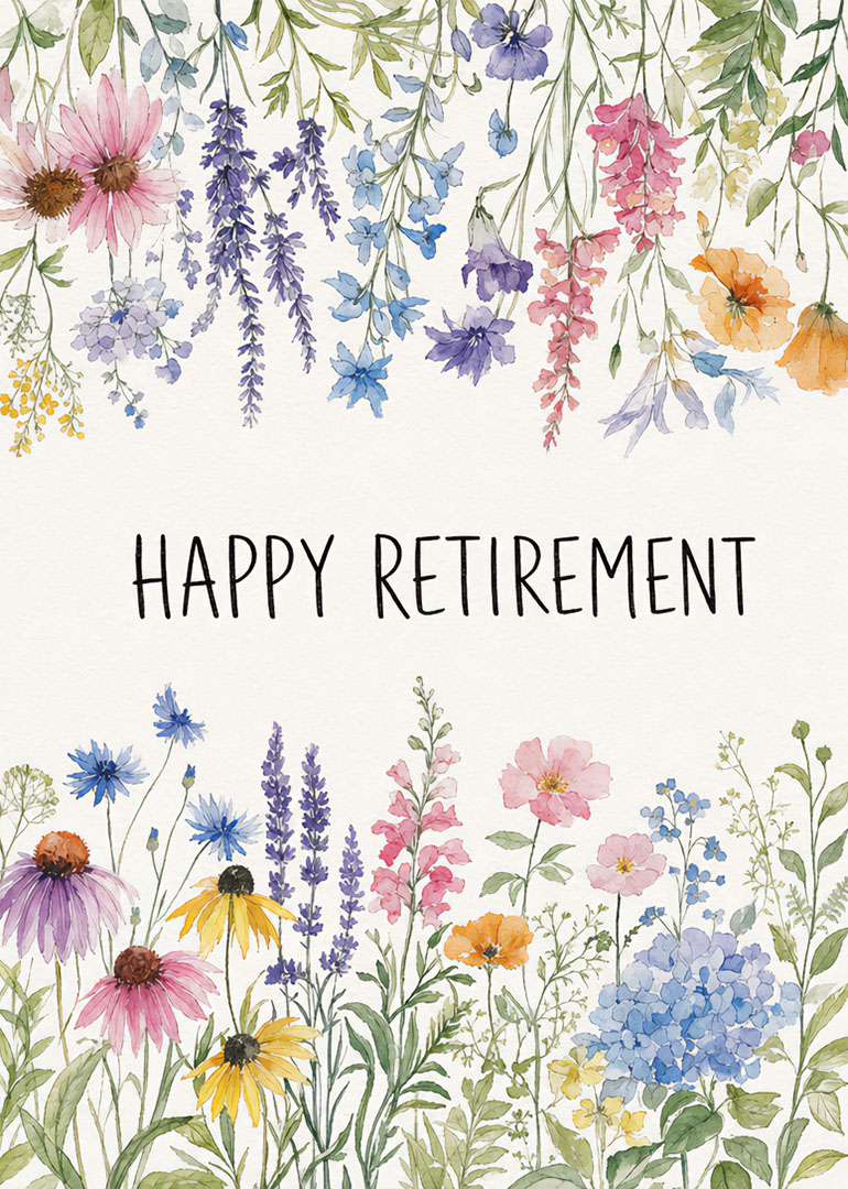 Watercolor floral retirement card with delicate flowers and text happy retirement