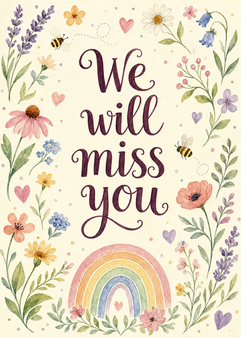 Watercolor floral border with rainbow and We Will Miss You text