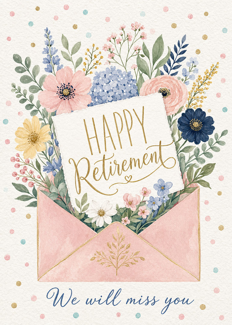 Watercolor flowers in envelope with happy retirement and we will miss you message