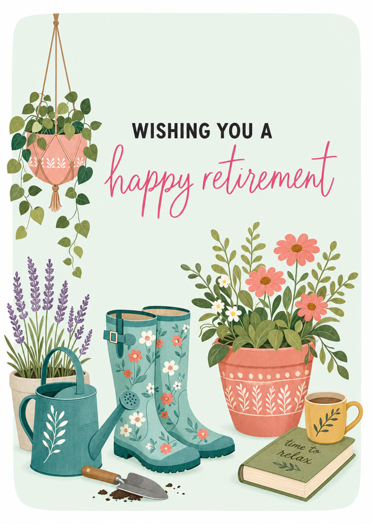 Greeting card with gardening boots, plants, watering can, book, cup and retirement message