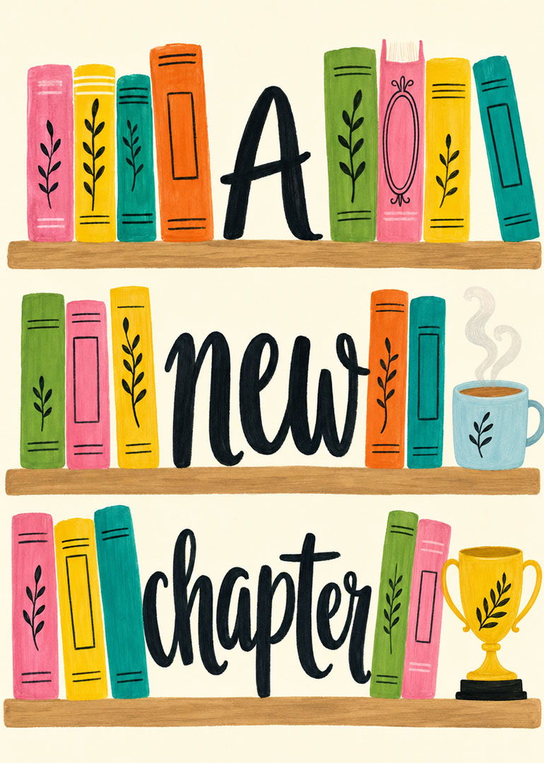 Card with colorful books and text a new chapter with coffee cup and trophy