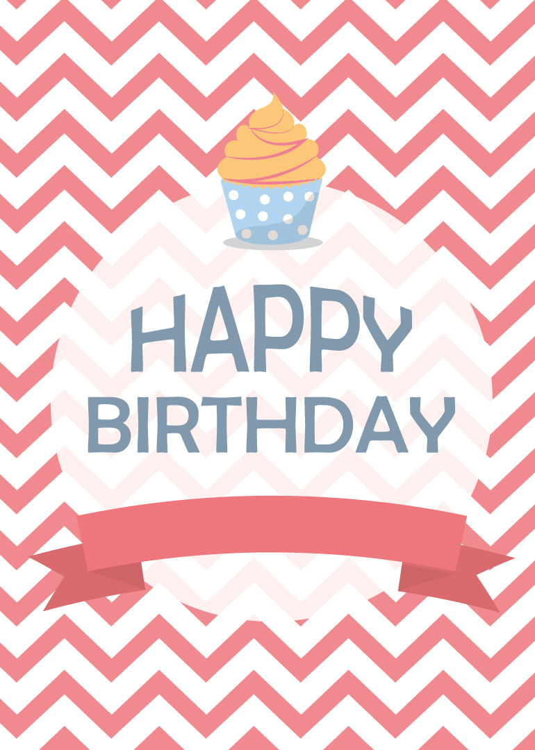 Birthday card with cupcake and pink chevron background