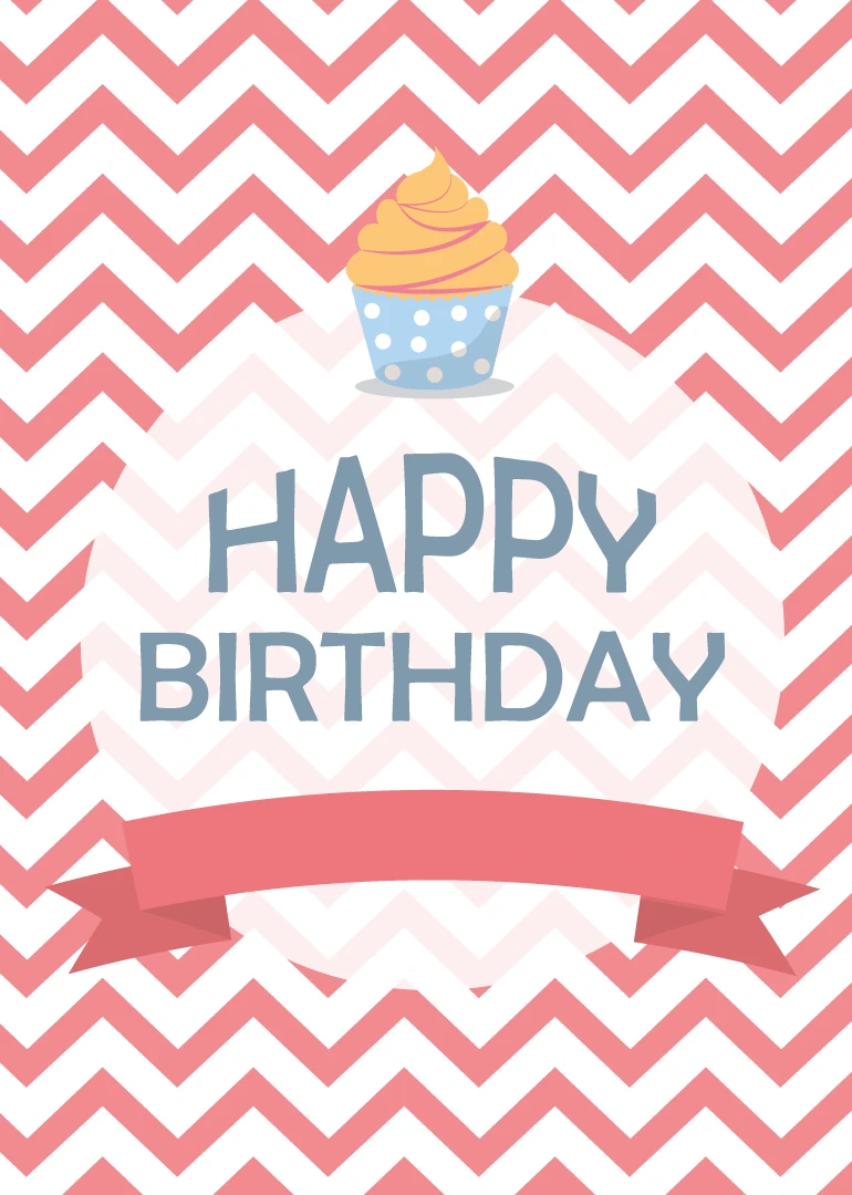 Pink chevron birthday card with a cupcake and ribbon banner reading Happy Birthday, centered above.