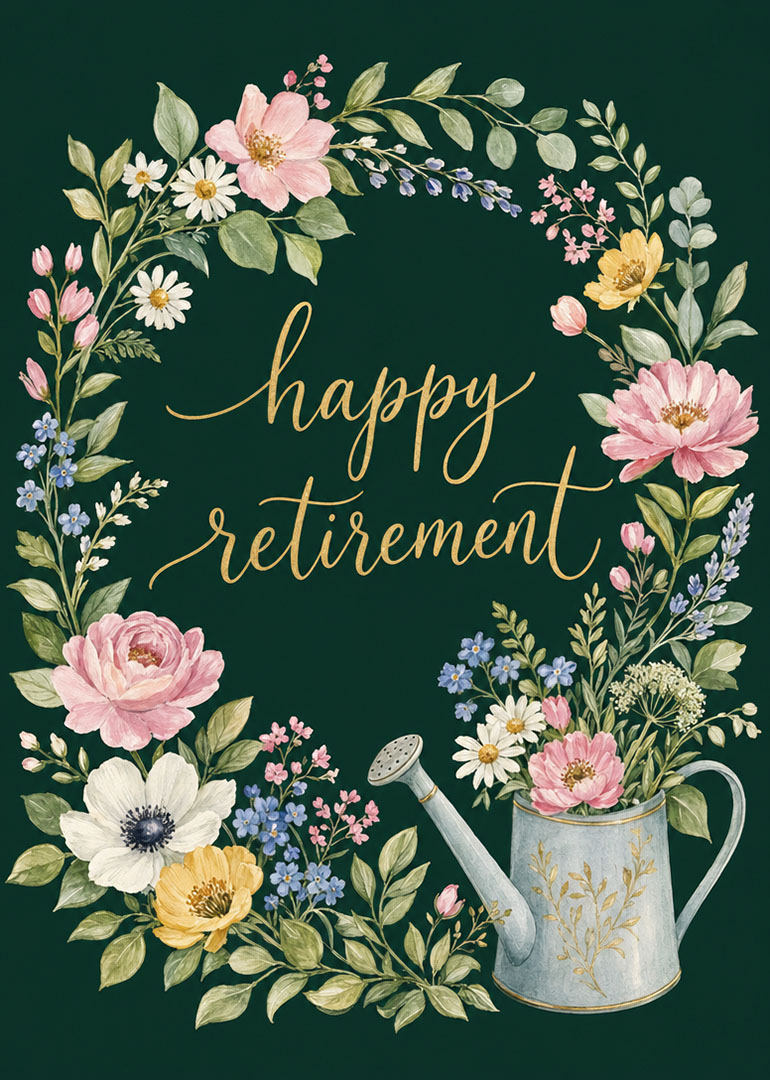 Floral wreath and watering can with happy retirement message in cursive