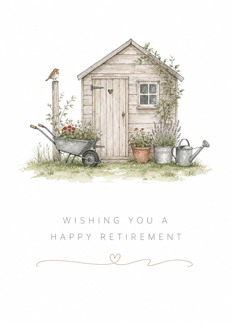 Watercolor retirement card with garden shed, wheelbarrow, plants, bird, and heart detail on door