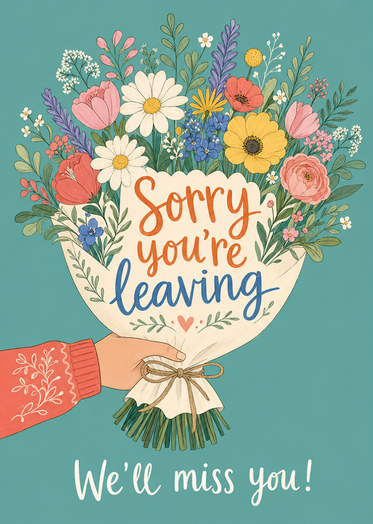 Hand holding bouquet of colorful flowers with sorry you’re leaving text