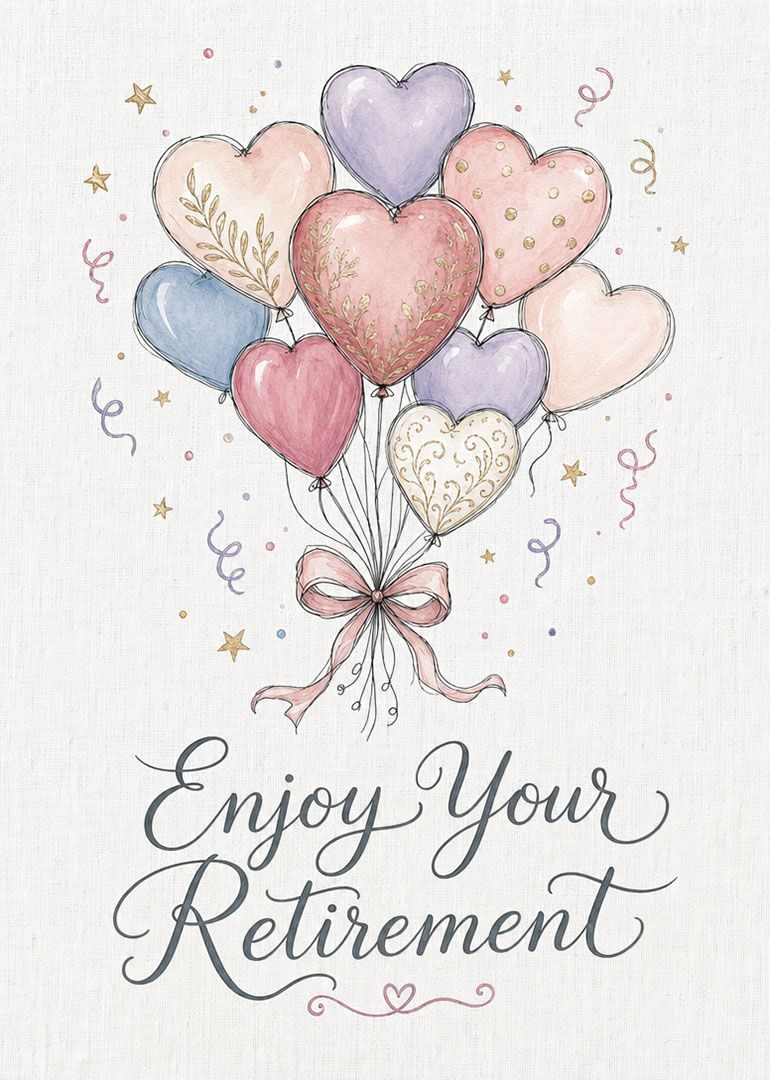 Retirement card with heart shaped balloons and elegant script on soft background