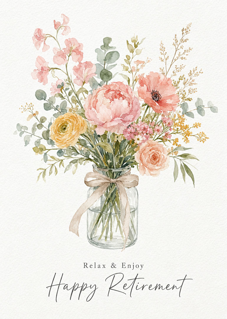 Watercolor bouquet of pastel flowers in a glass vase with ribbon and retirement message
