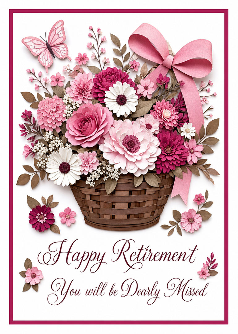 Retirement card with basket of pink flowers, ribbon bow and butterfly