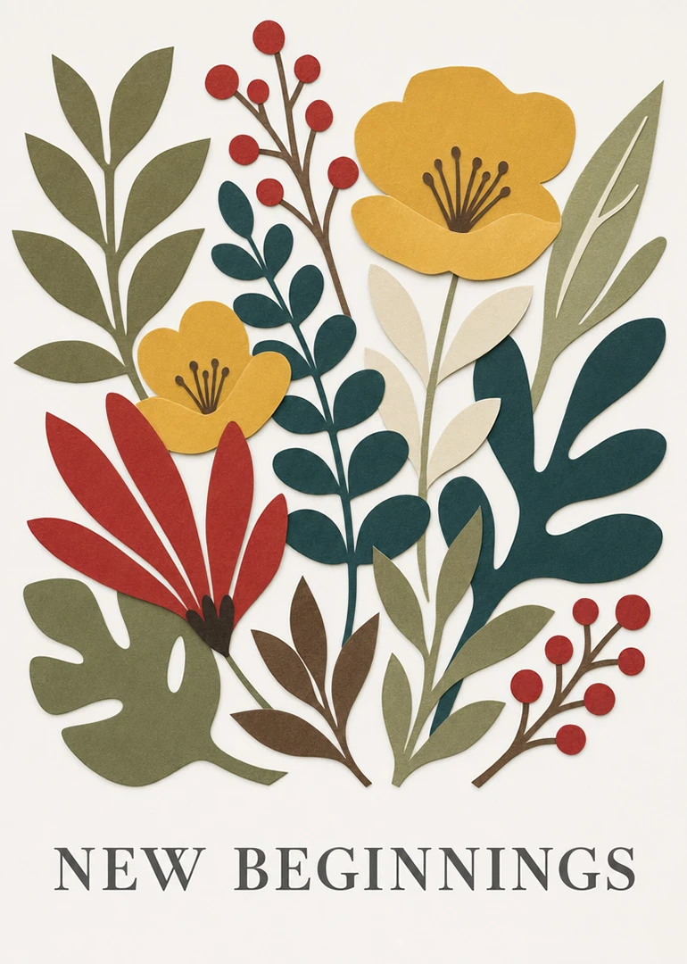 Paper-cut floral collage in muted green, red and yellow with NEW BEGINNINGS text below centered.