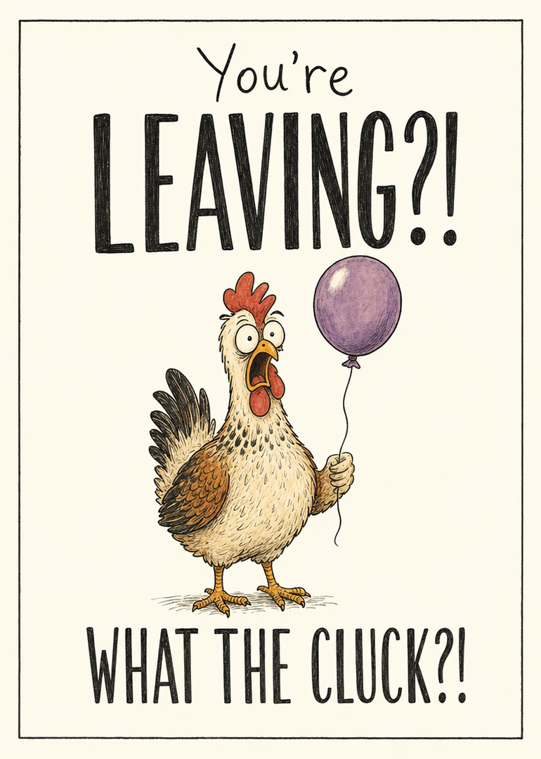 Funny leaving card with shocked chicken holding a purple balloon and humorous text