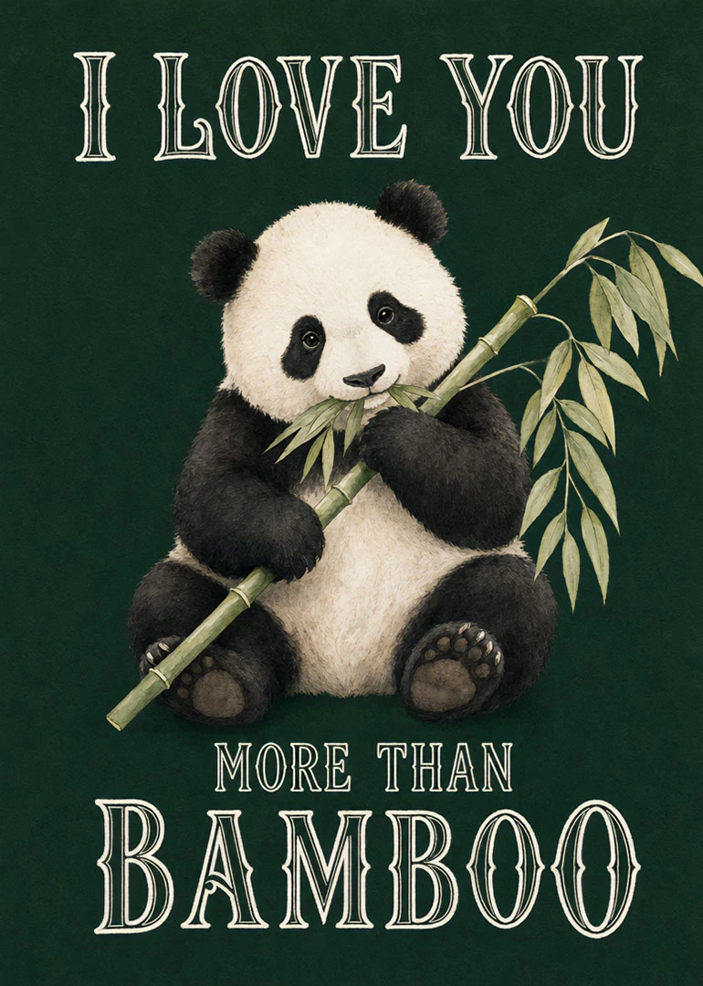 Cute panda holding bamboo with I love you more than bamboo text on green background.