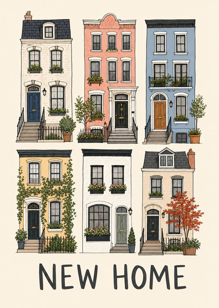 Illustration of six colorful houses stacked in two rows with new home text below