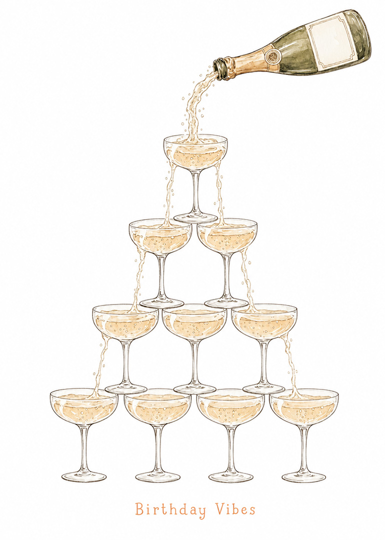 Illustration of champagne flowing into a pyramid of glasses with birthday vibes text