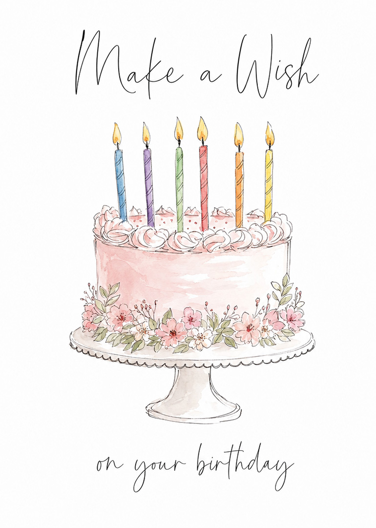 Watercolor birthday cake with six candles and floral decorations