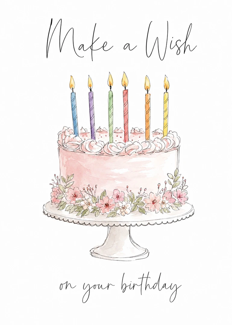 A pastel watercolor birthday cake with candles and floral decorations beneath Make a Wish text