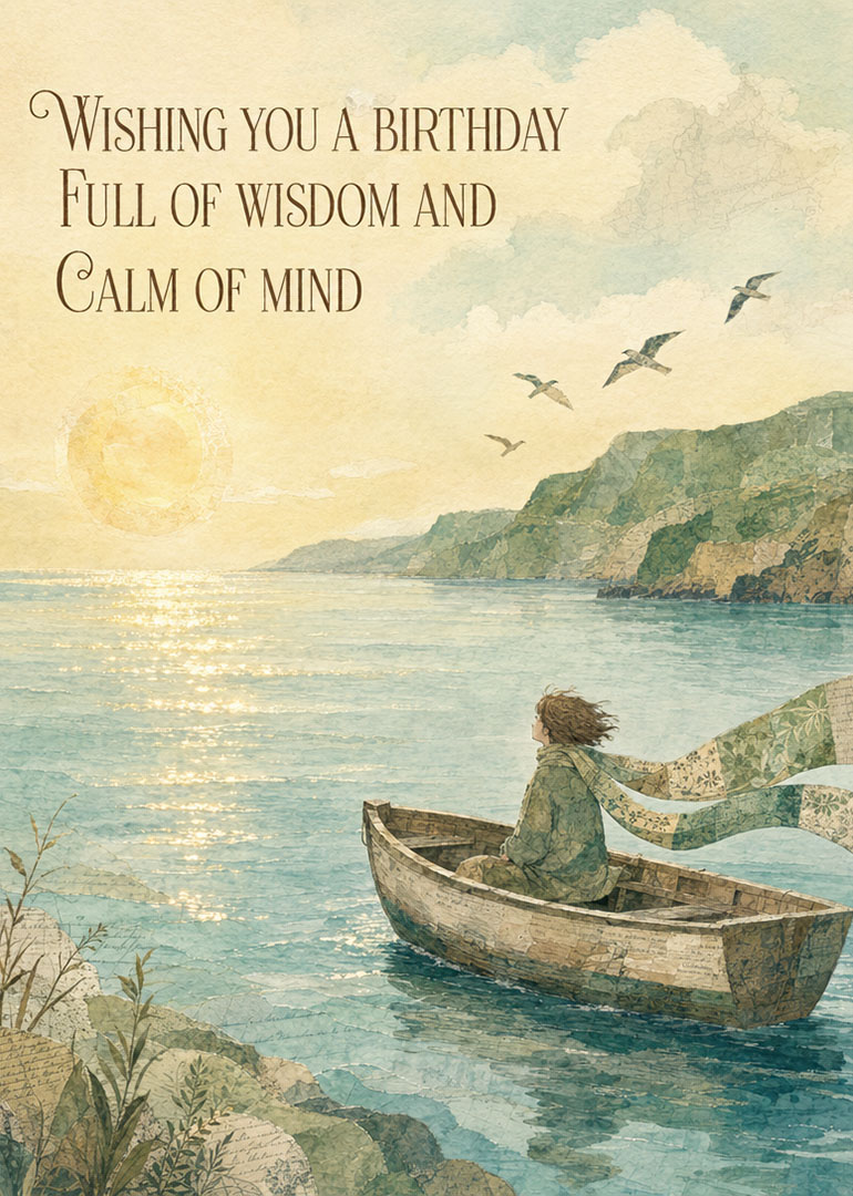 Woman sitting in boat on calm ocean under sunset with birds flying