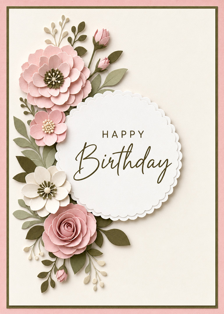 Pink and white paper flowers with leaves and birthday greeting text
