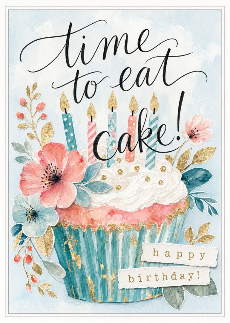 Birthday card with cupcake candles flowers and happy birthday message