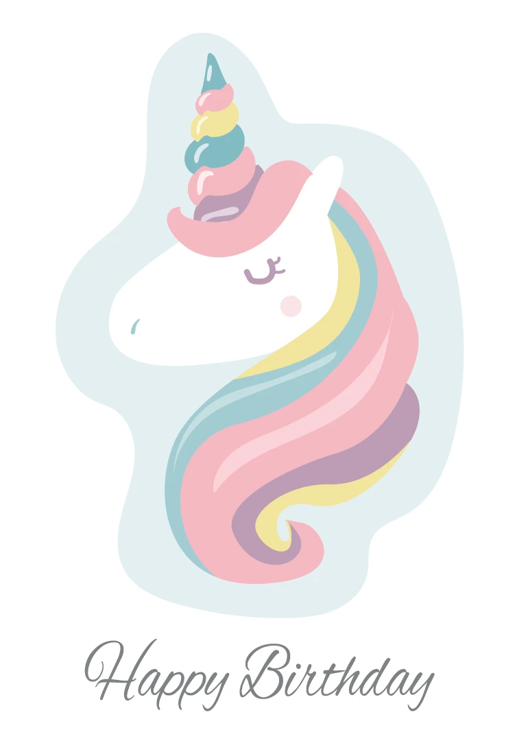 Cute pastel unicorn with rainbow mane and Happy Birthday text on a soft white background.