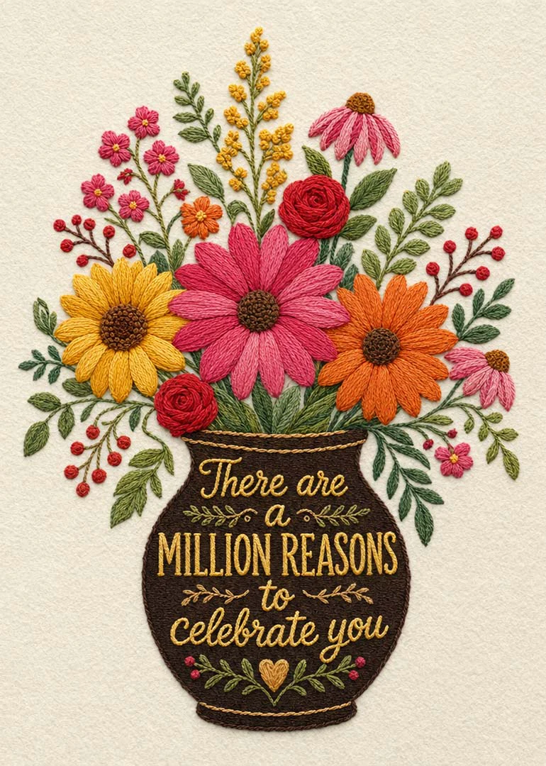 Embroidered vase of colorful flowers with message There are a million reasons to celebrate you.