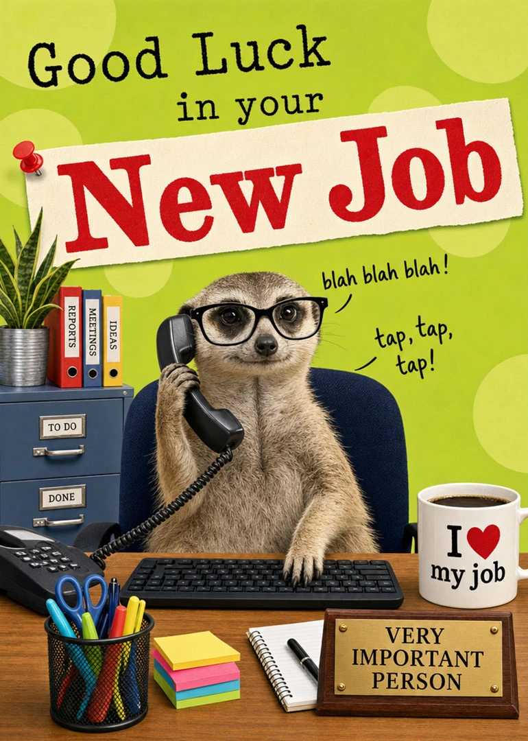 Meerkat at office desk with Good Luck in your New Job text and humorous props.