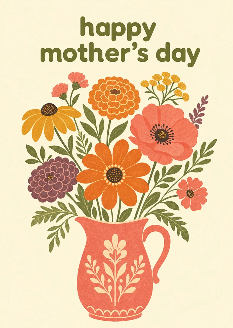 Vintage floral bouquet in coral vase with happy mother's day text in warm retro colors.