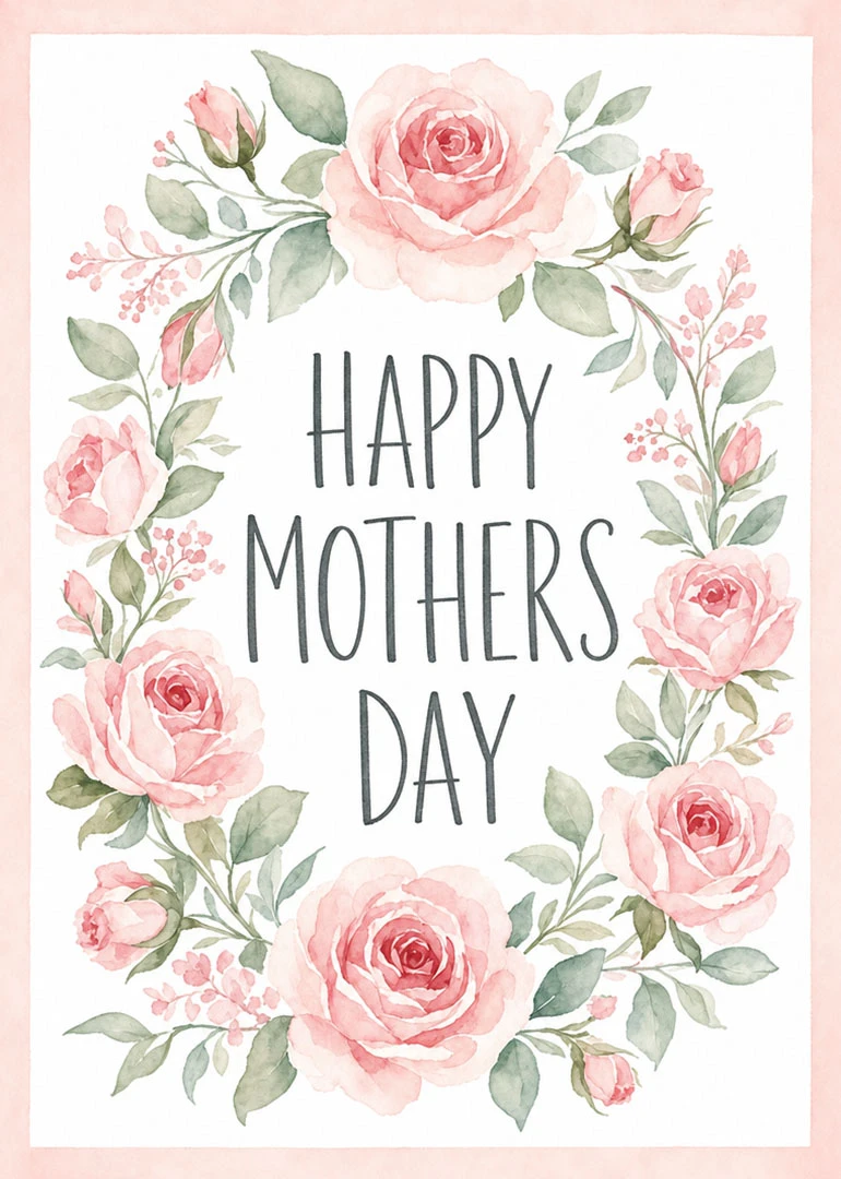 Watercolor pink roses and greenery framing Happy Mothers Day text on a white card design.